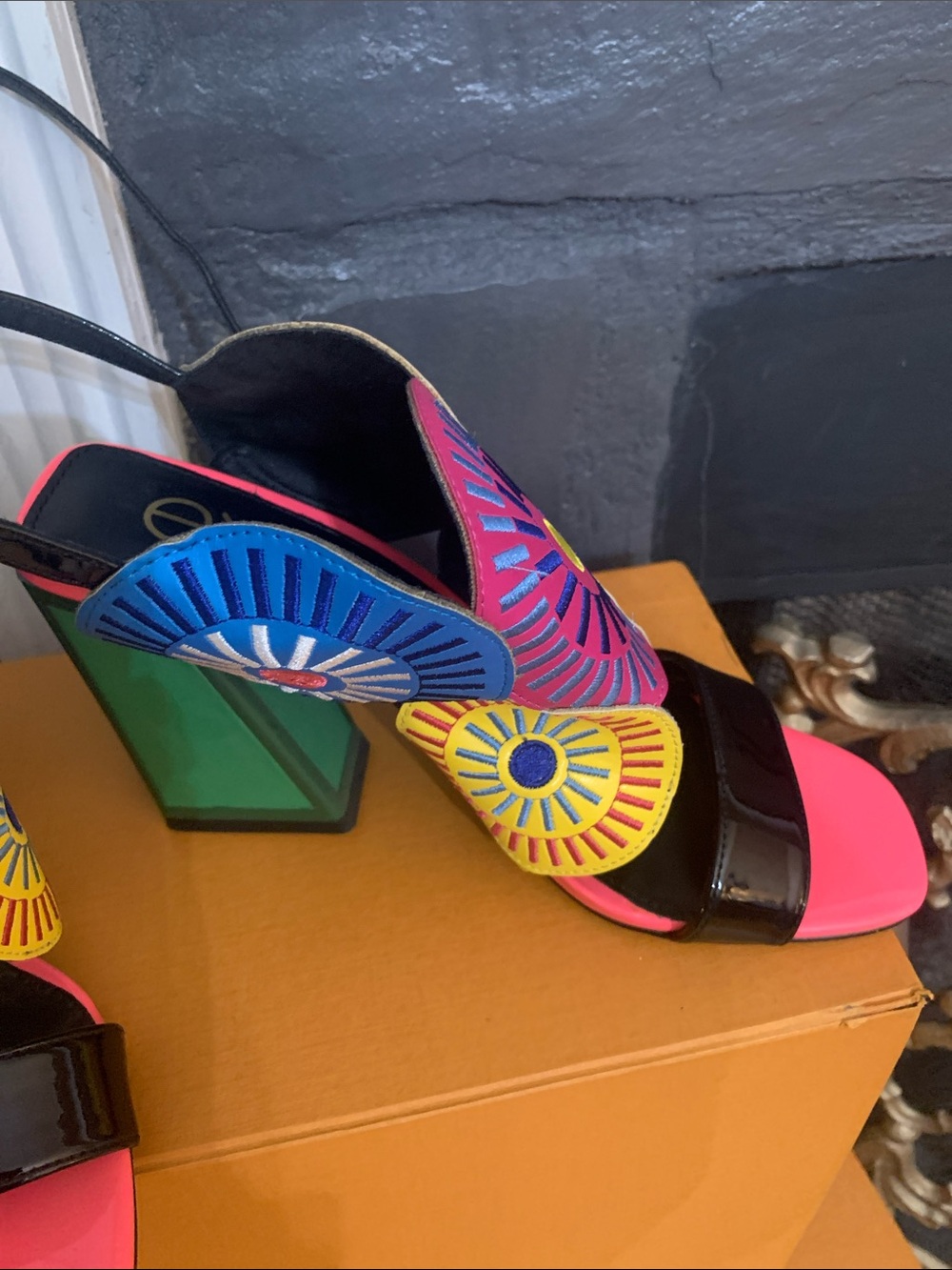 EXE’ Multicolor Floral Cutout Slingback Heels - Black, Pink, Green - Picture 2 of 8